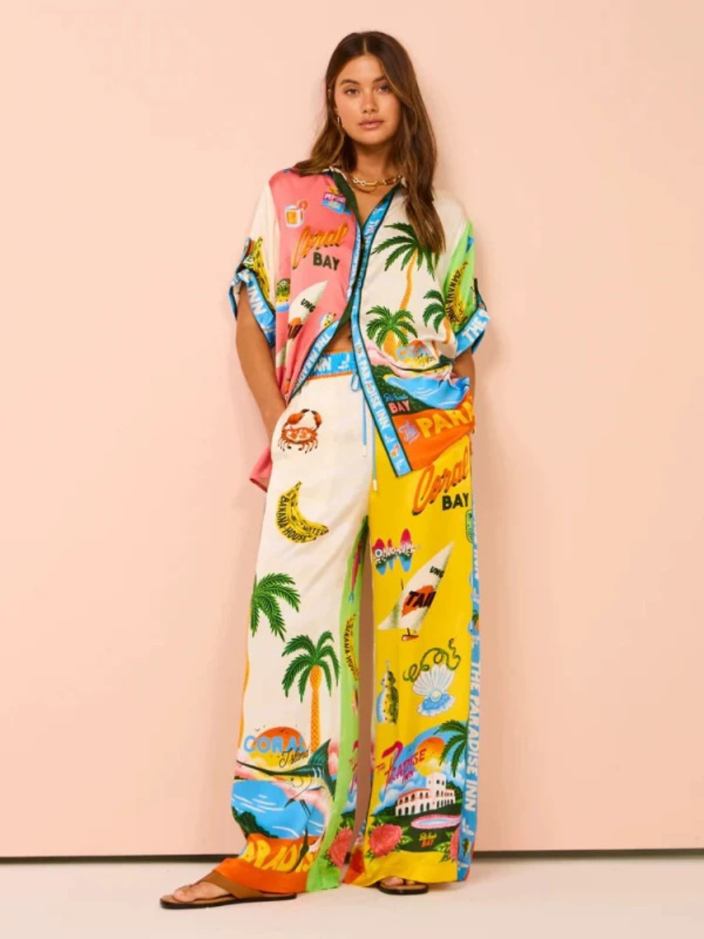 ZARA Colorblock Print Short Sleeve Resort Casual Drawstring Set